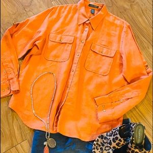 Linen blouse, bright orange, gold buttons. Long sleeves by Lauren, Ralph Lauren